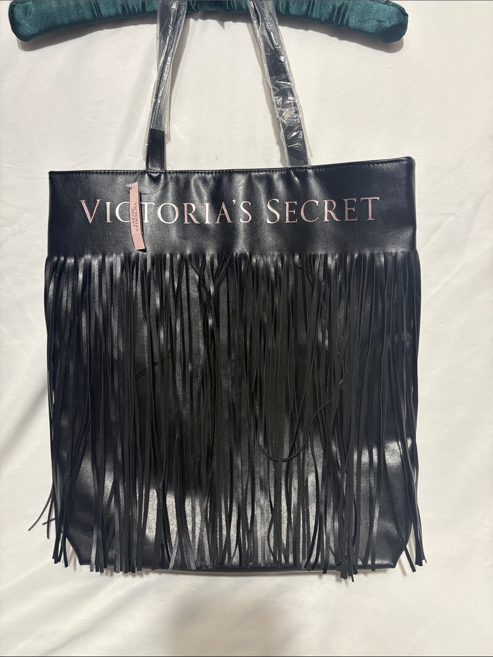Victoria's Secret Black Tote with Pink Logo and Fringe Accents